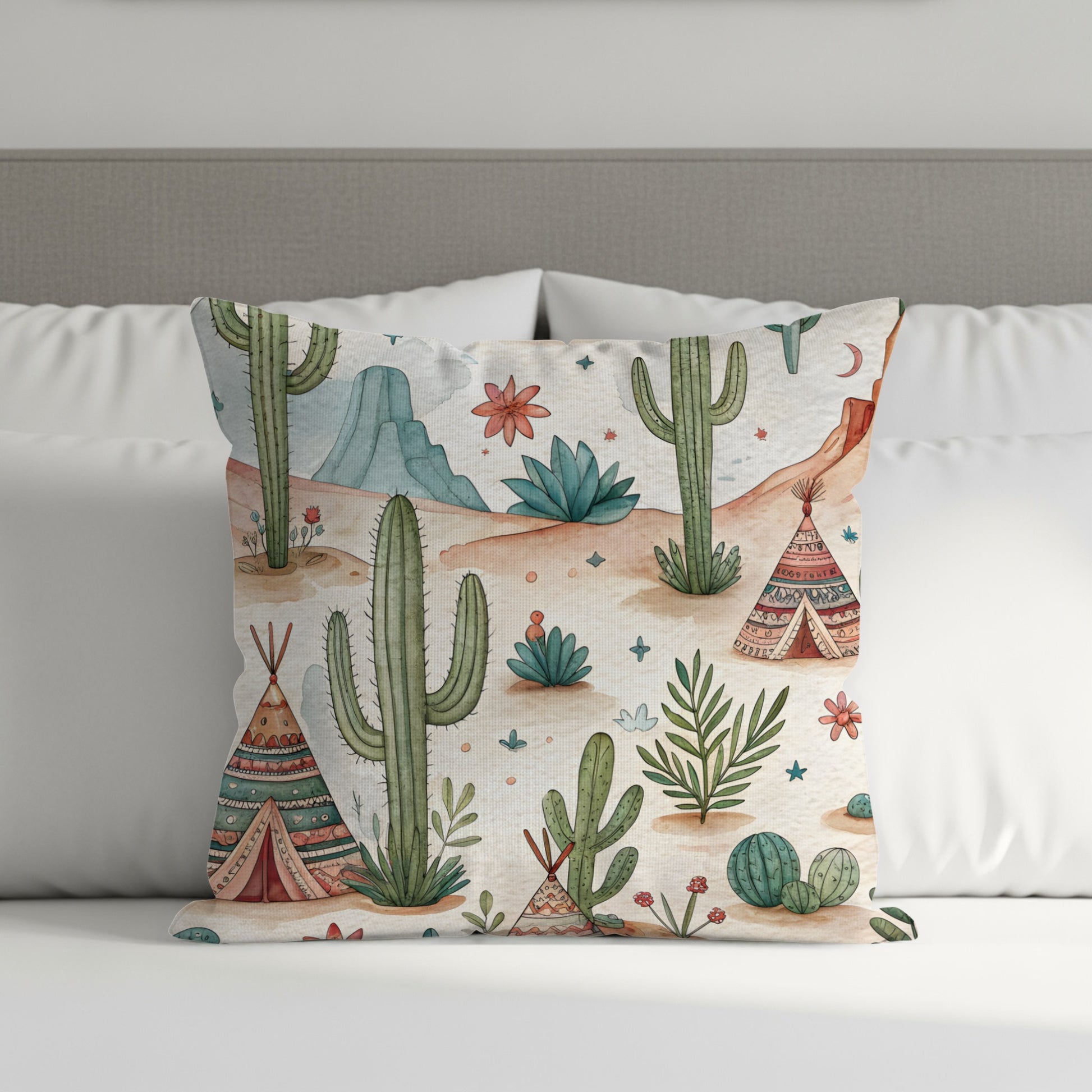 Desert Dreams with Teepees and Cacti Watercolor Style Pillows & Pillow Cases - Walk Greener