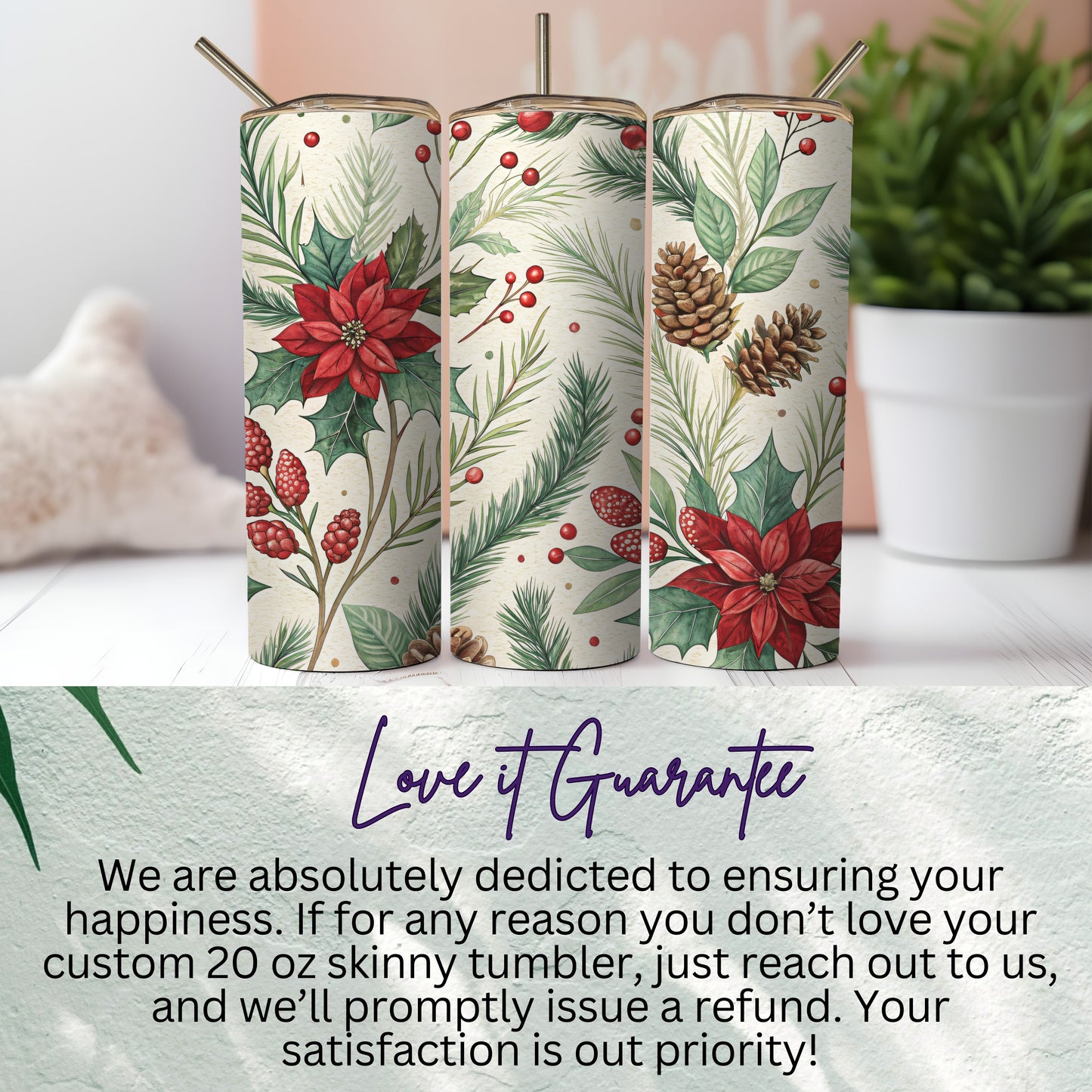 Festive Poinsettia and Pine Design 20 oz Skinny Tumbler