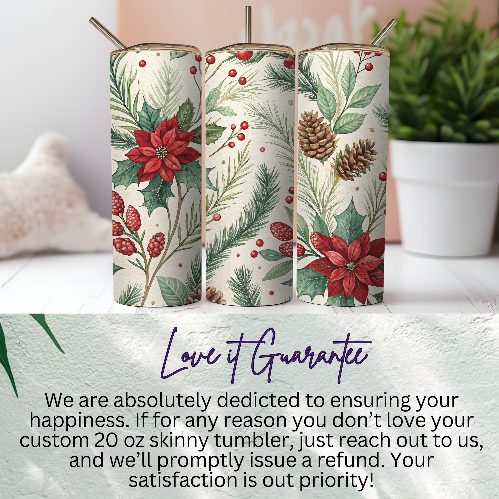 Festive Poinsettia and Pine Design 20 oz Skinny Tumbler
