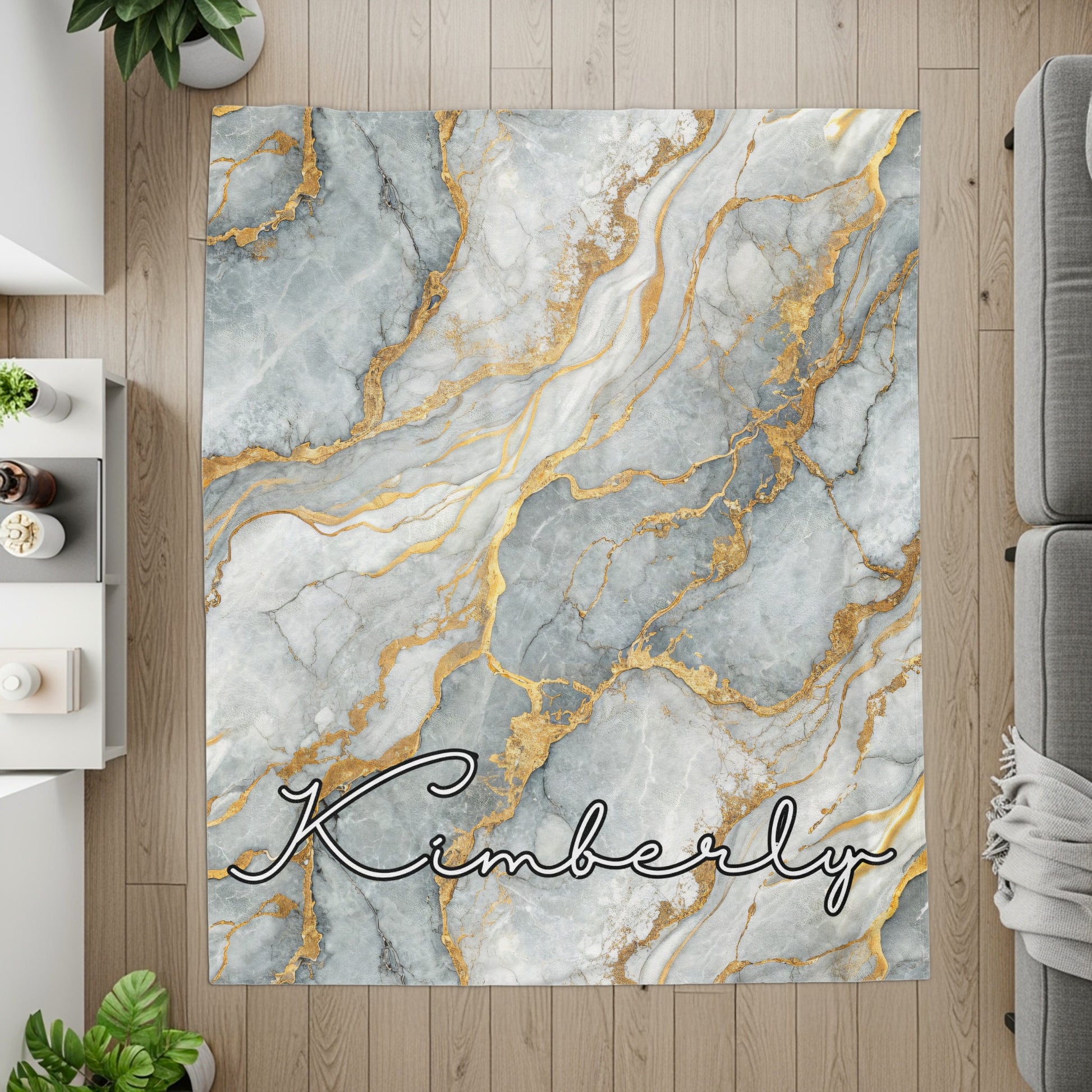 Gray Marble Veins of Gold Pattern Custom Name Blanket - Walk Greener