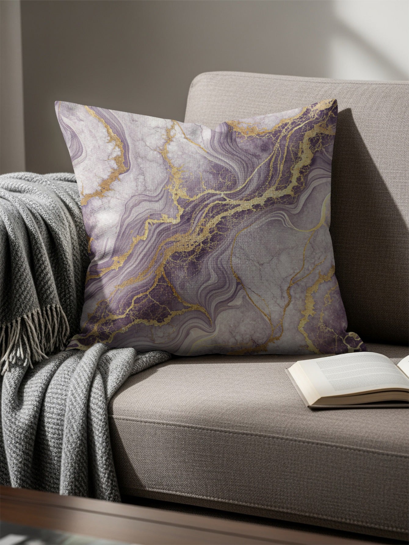 Elegant Abstract Purple and Gold Marble Throw Pillow