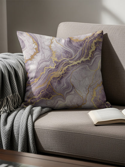 Elegant Abstract Purple and Gold Marble Throw Pillow