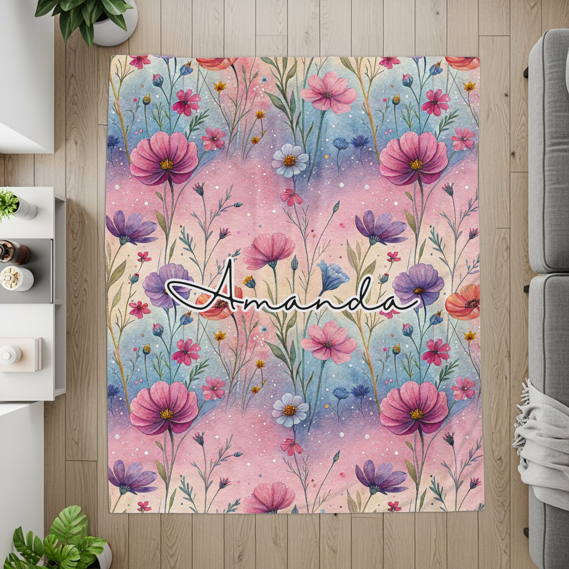Personalized Floral Design Floor Mat with Name Amanda
