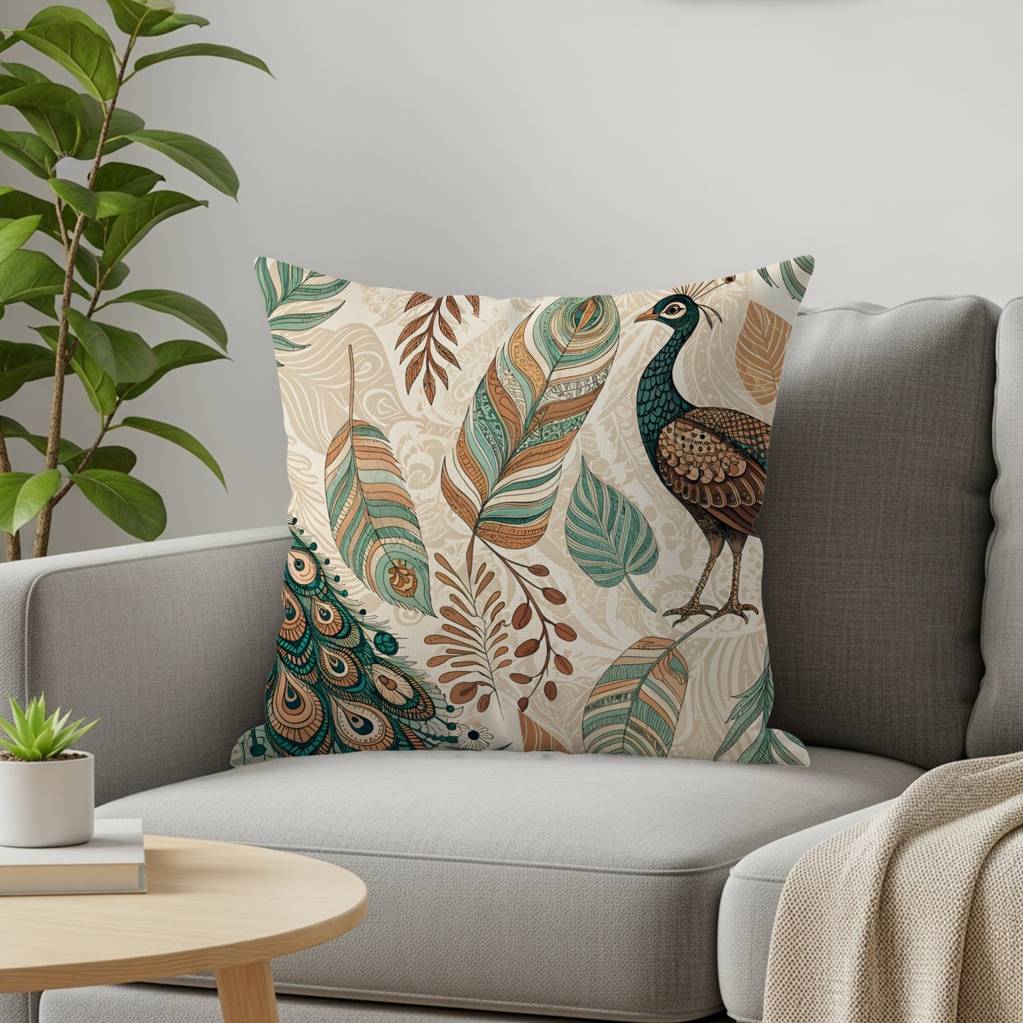 Stylish Peacock and Feathers Pattern Throw Pillow Cover