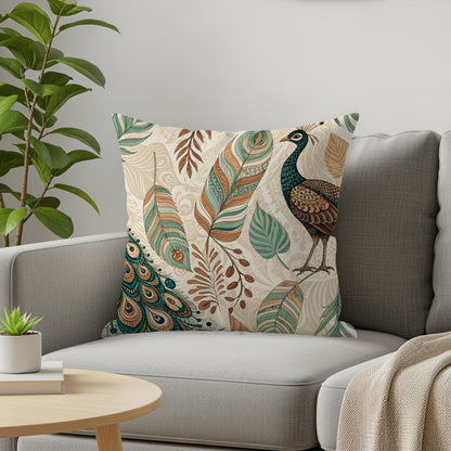 Stylish Peacock and Feathers Pattern Throw Pillow Cover