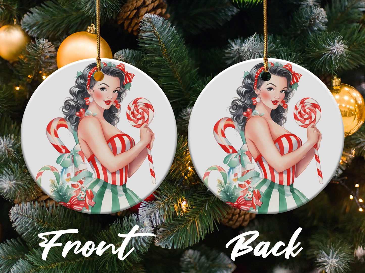 Festive Pinup Girl with Candy Cane Christmas Ornament
