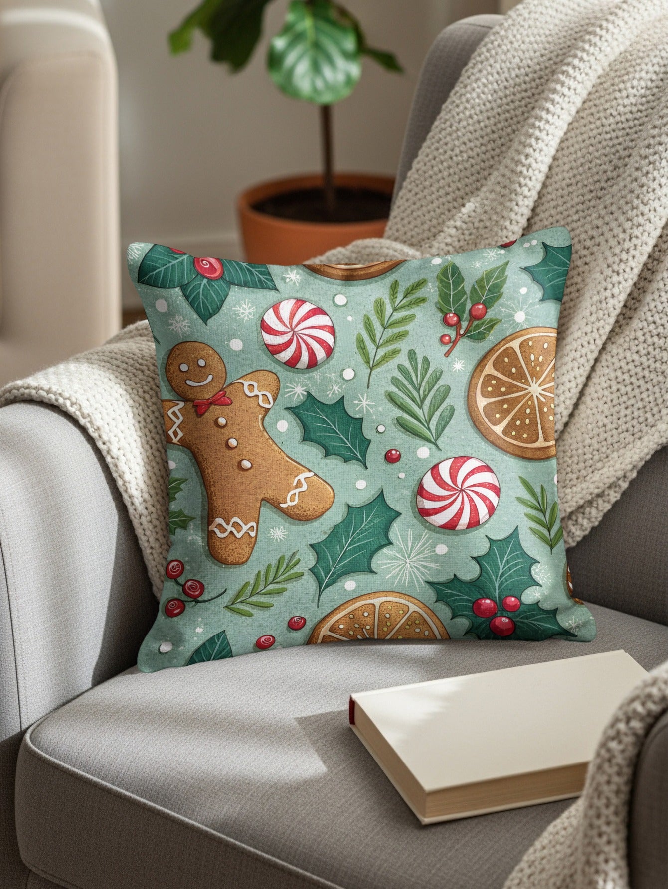Gingerbread and Peppermint Festive Holiday Pillow