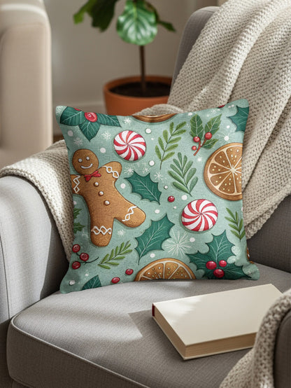 Gingerbread and Peppermint Festive Holiday Pillow