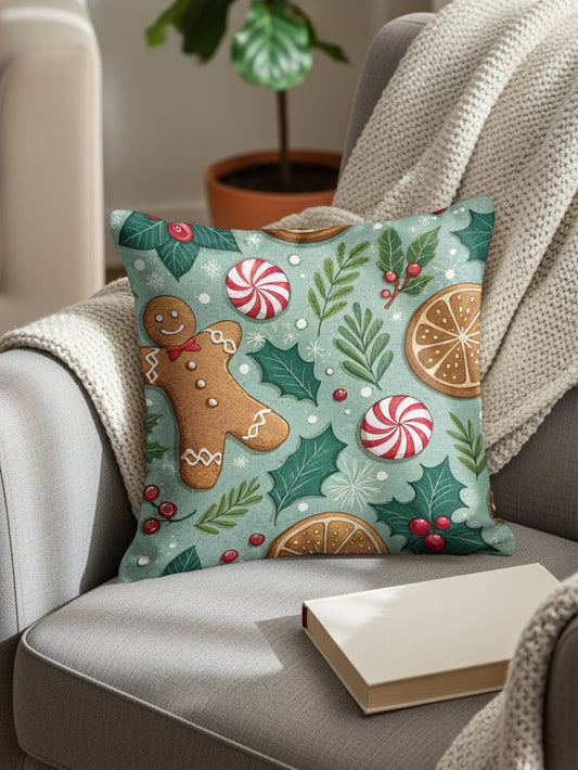 Gingerbread and Peppermint Festive Holiday Pillow
