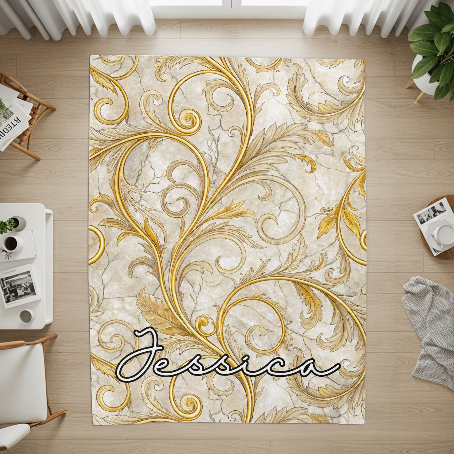 Golden Floral Design With A Custom Name Blankets - Walk Greener