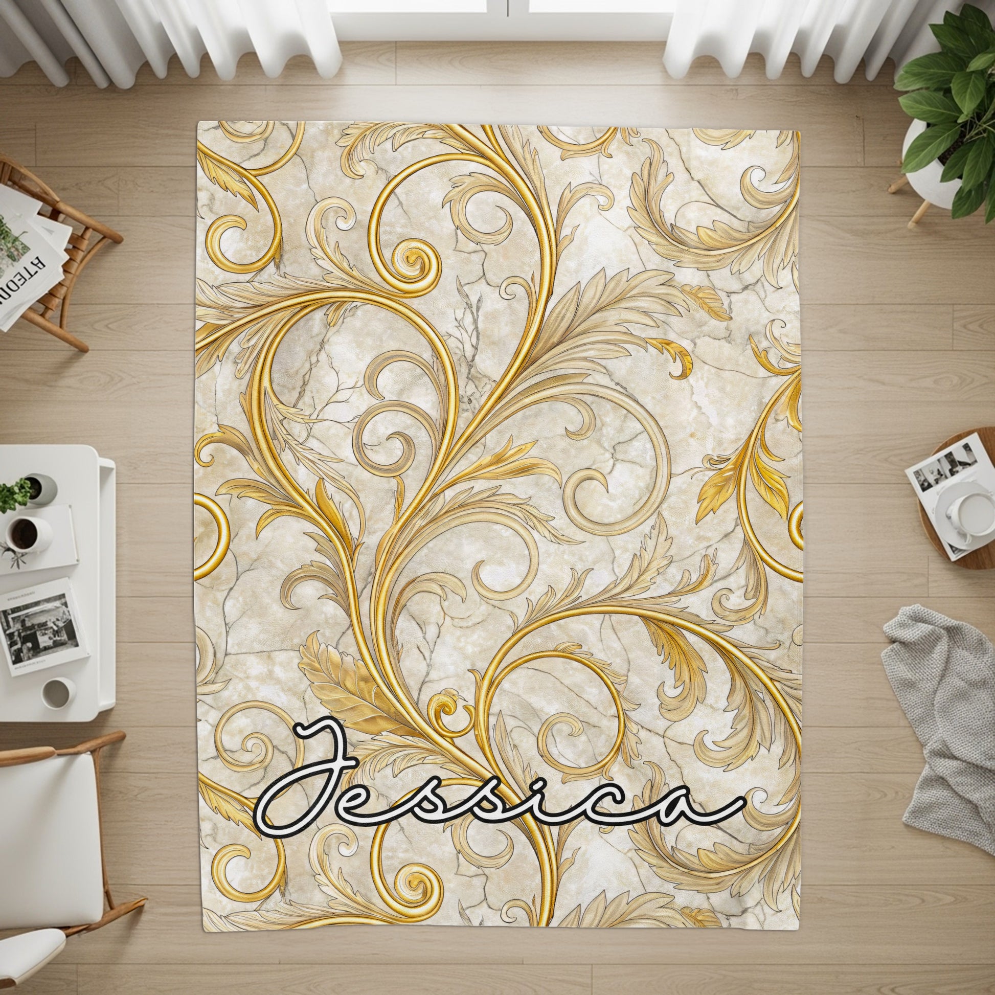 Golden Floral Design With A Custom Name Blankets - Walk Greener