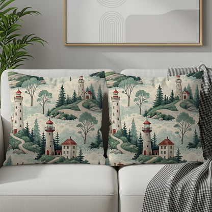 Scenic Lighthouse and Forest Pattern Pillow Set