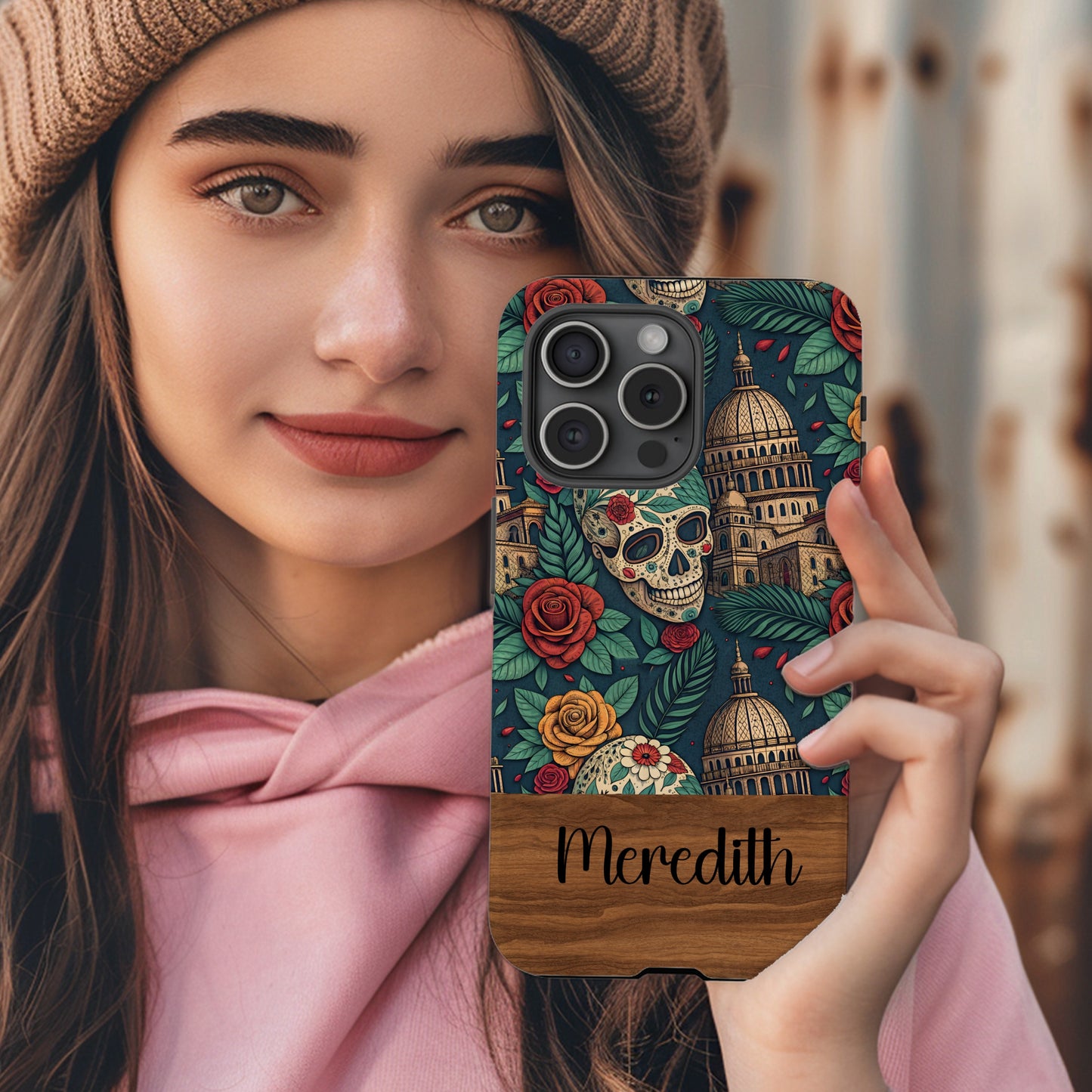 Customizable Skull and Floral iPhone Case with Meredith