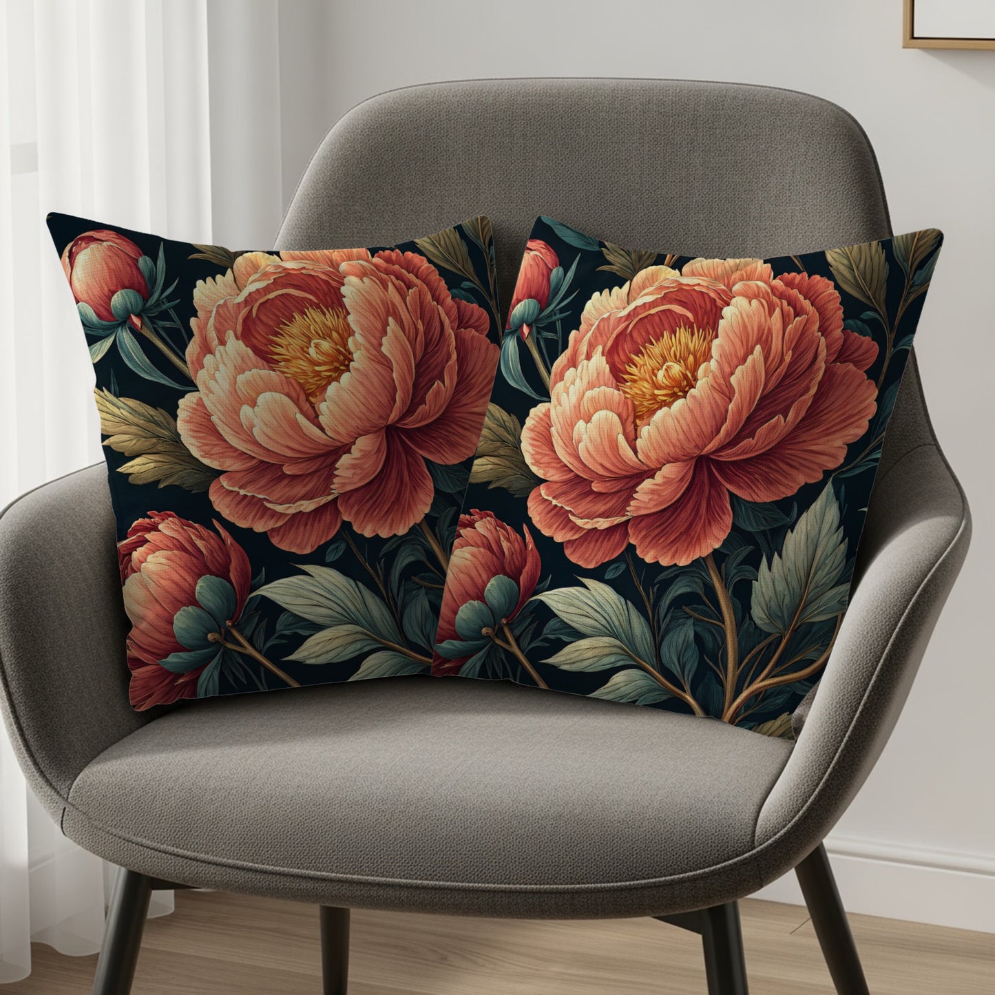 Elegant Floral Art Peonies with Dark Background Decorative Floral Throw Pillows - Walk Greener