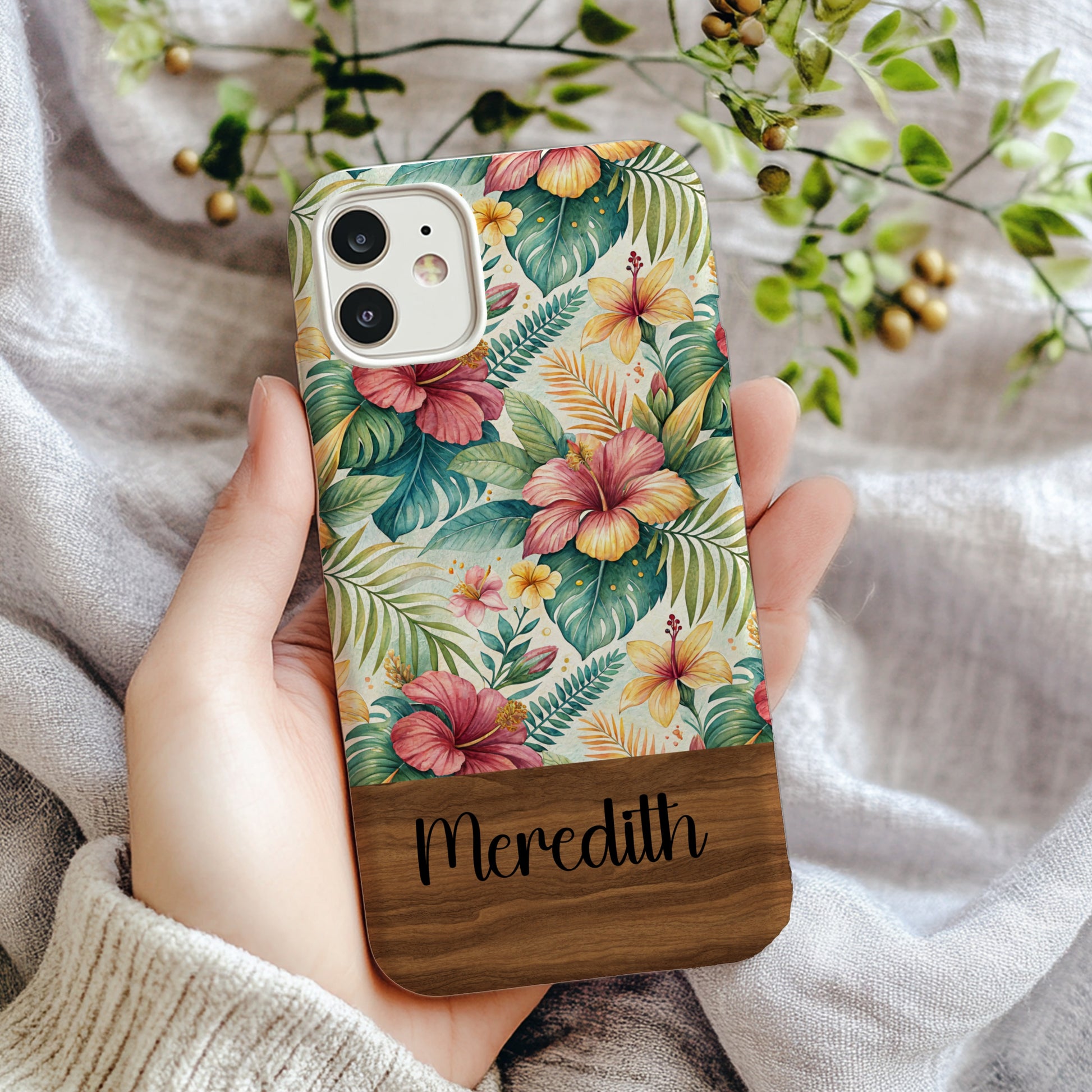 Personalized Tropical Floral Phone Case with Meredith Name
