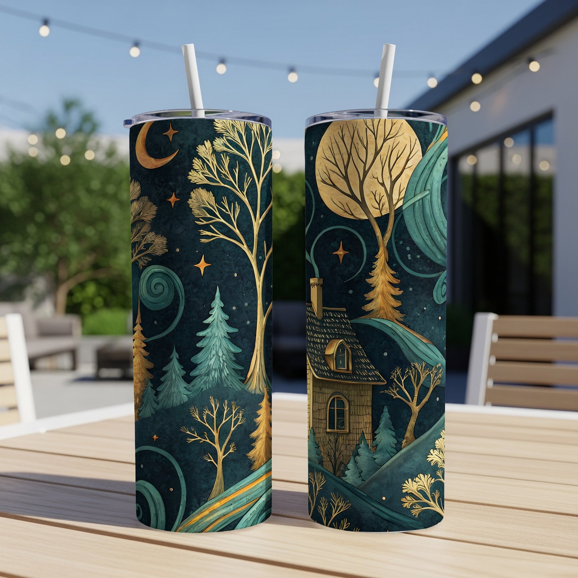 Moon Stars Over Cottage Dreamy Landscape Scene Tumbler - Walk Greener