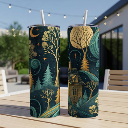 Moon Stars Over Cottage Dreamy Landscape Scene Tumbler - Walk Greener