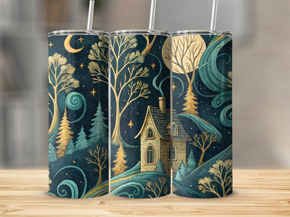 Moon Stars Over Cottage Dreamy Landscape Scene Tumbler - Walk Greener