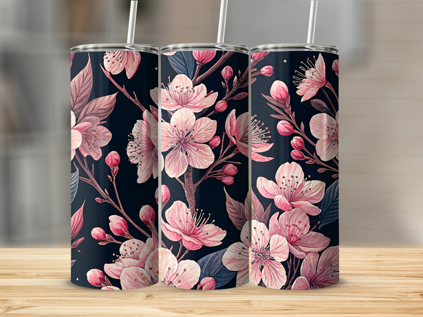 Elegant Pink Floral Pattern Tumbler with Straw