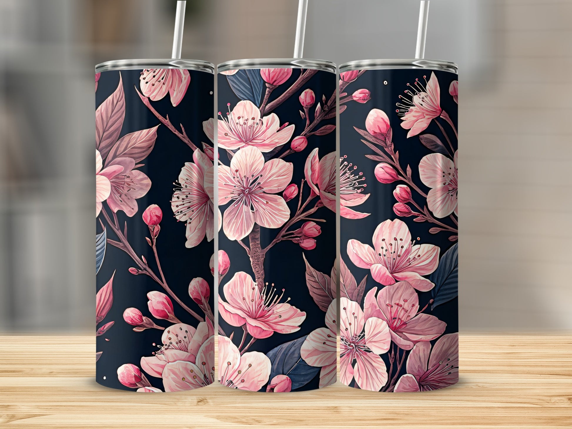 Elegant Pink Floral Pattern Tumbler with Straw