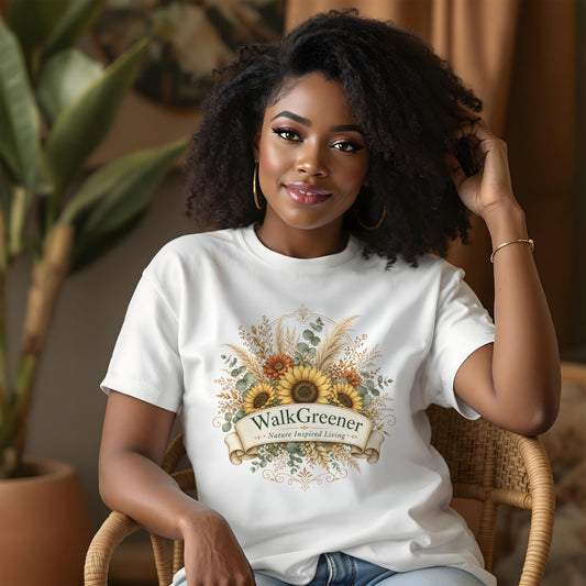 White t-shirt with floral design and text "WalkGreener Nature Inspired Living".