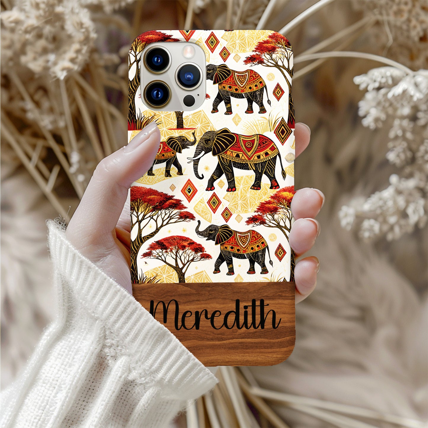 African Elephants Savannah Trees and Diamond Shapes Custom Phone Case - Walk Greener