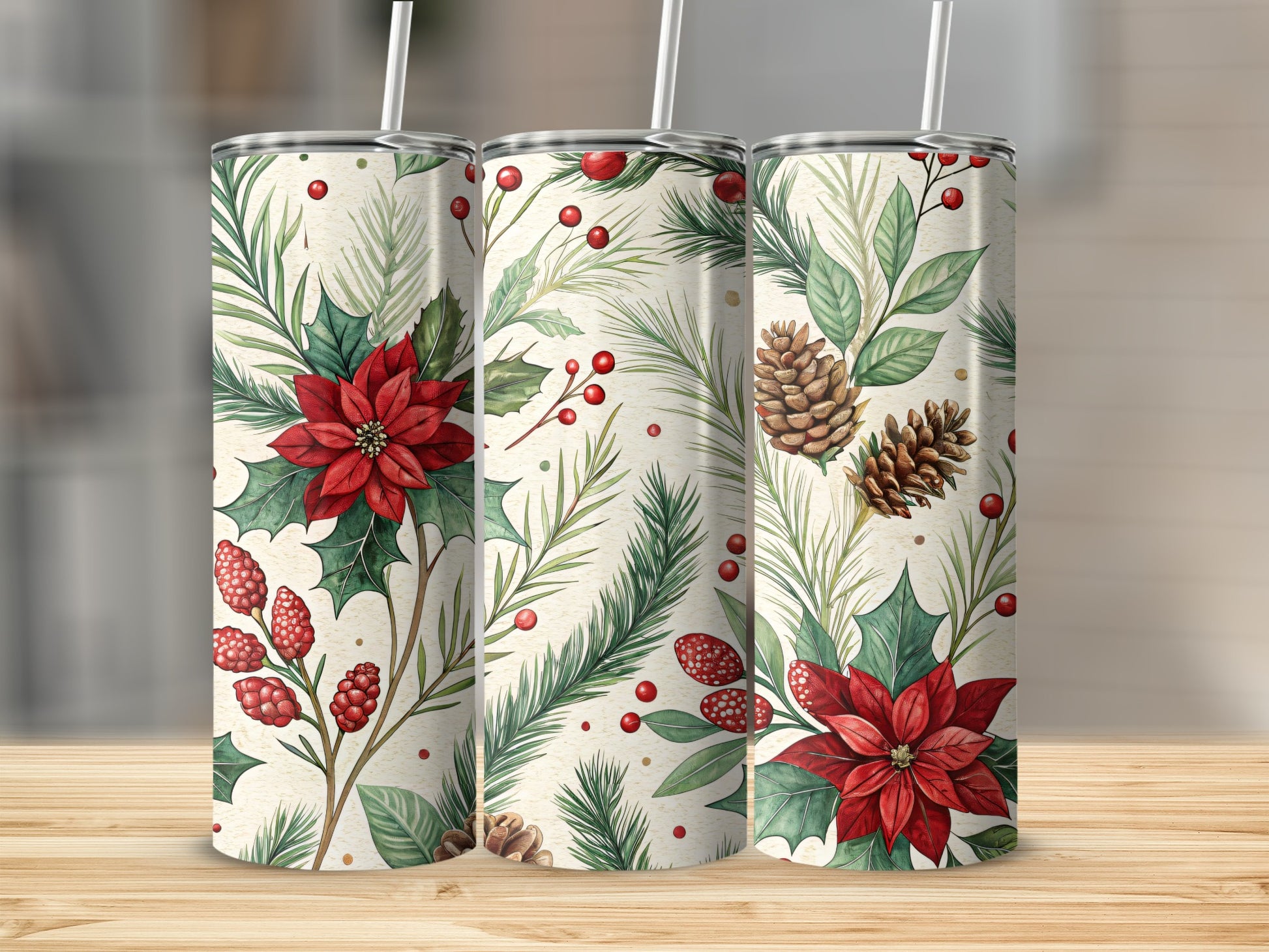 Festive Christmas Floral and Pinecones Design Tumbler
