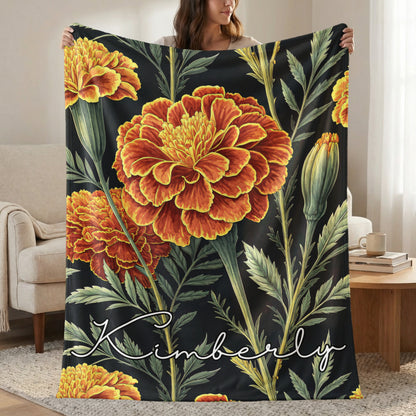 Marigold Flowers Custom Personalized Name Blanket Decor - Walk Greener