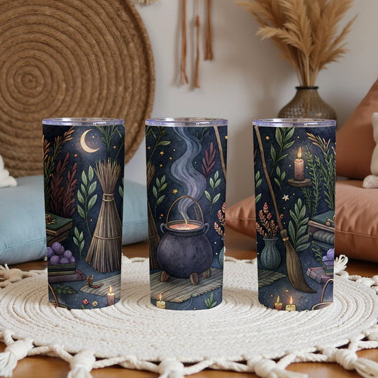 Mystical Night Themed Tumbler with Cauldron and Candle Illustrations