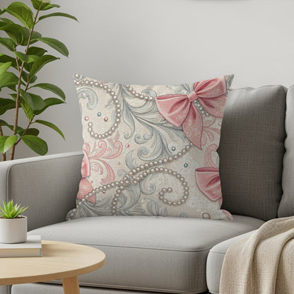 Elegant Cushion Cover with Intricate Bow and Pearl Design