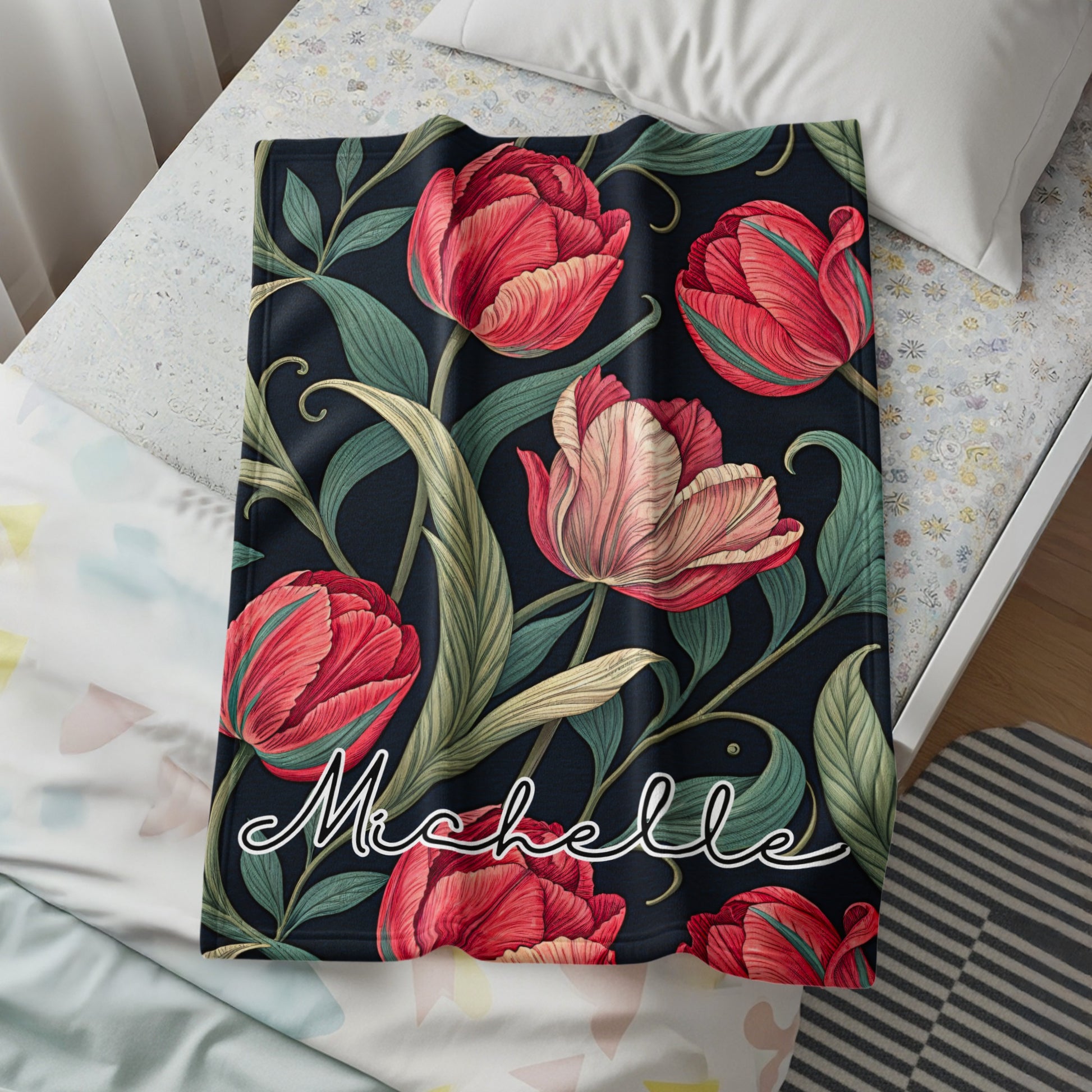 Personalized Floral Blanket with Red and Pink Blooms