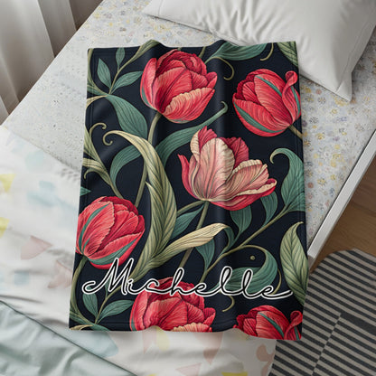 Personalized Floral Blanket with Red and Pink Blooms