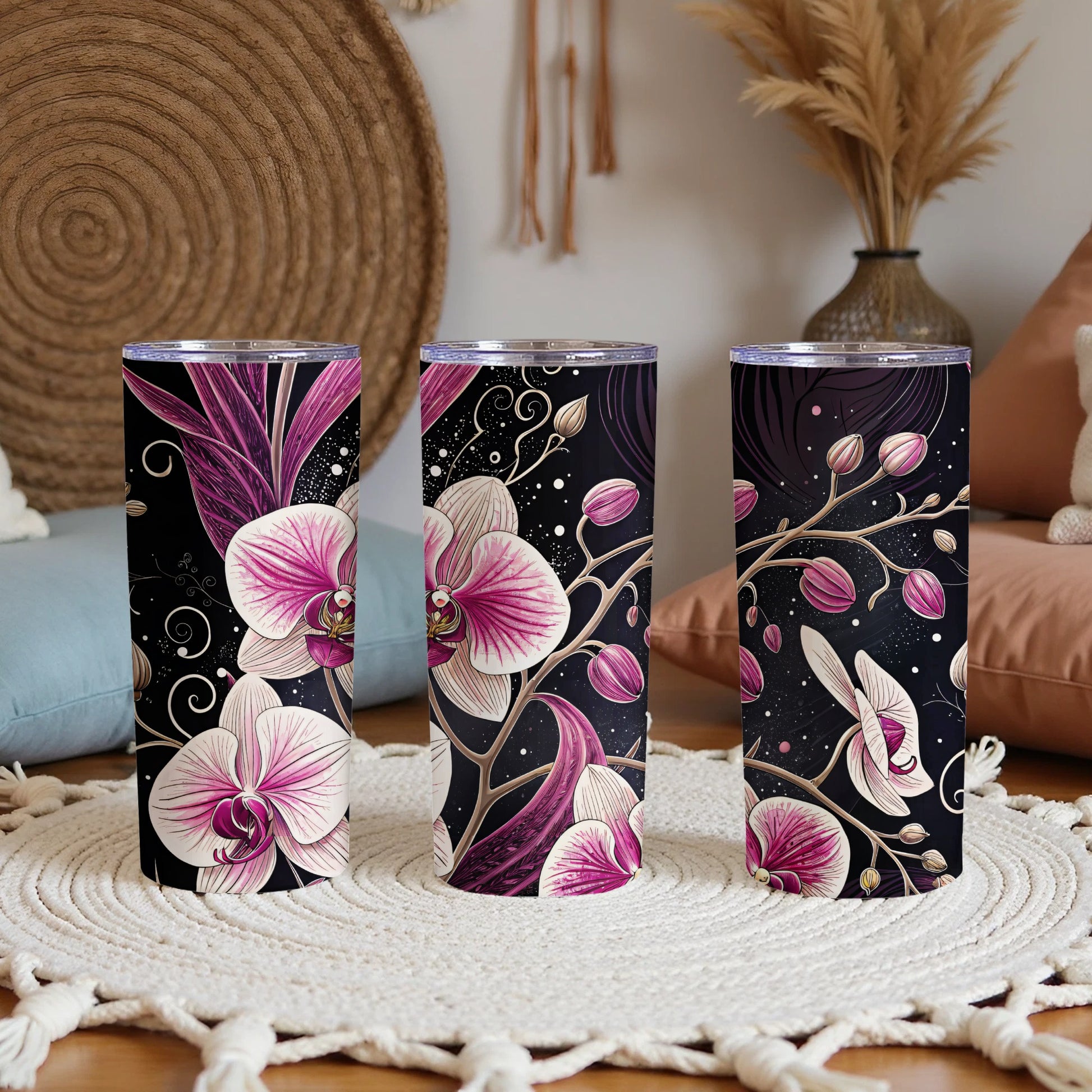 Pink Orchids On Black With Swirls Floral Art Tumblers - Walk Greener