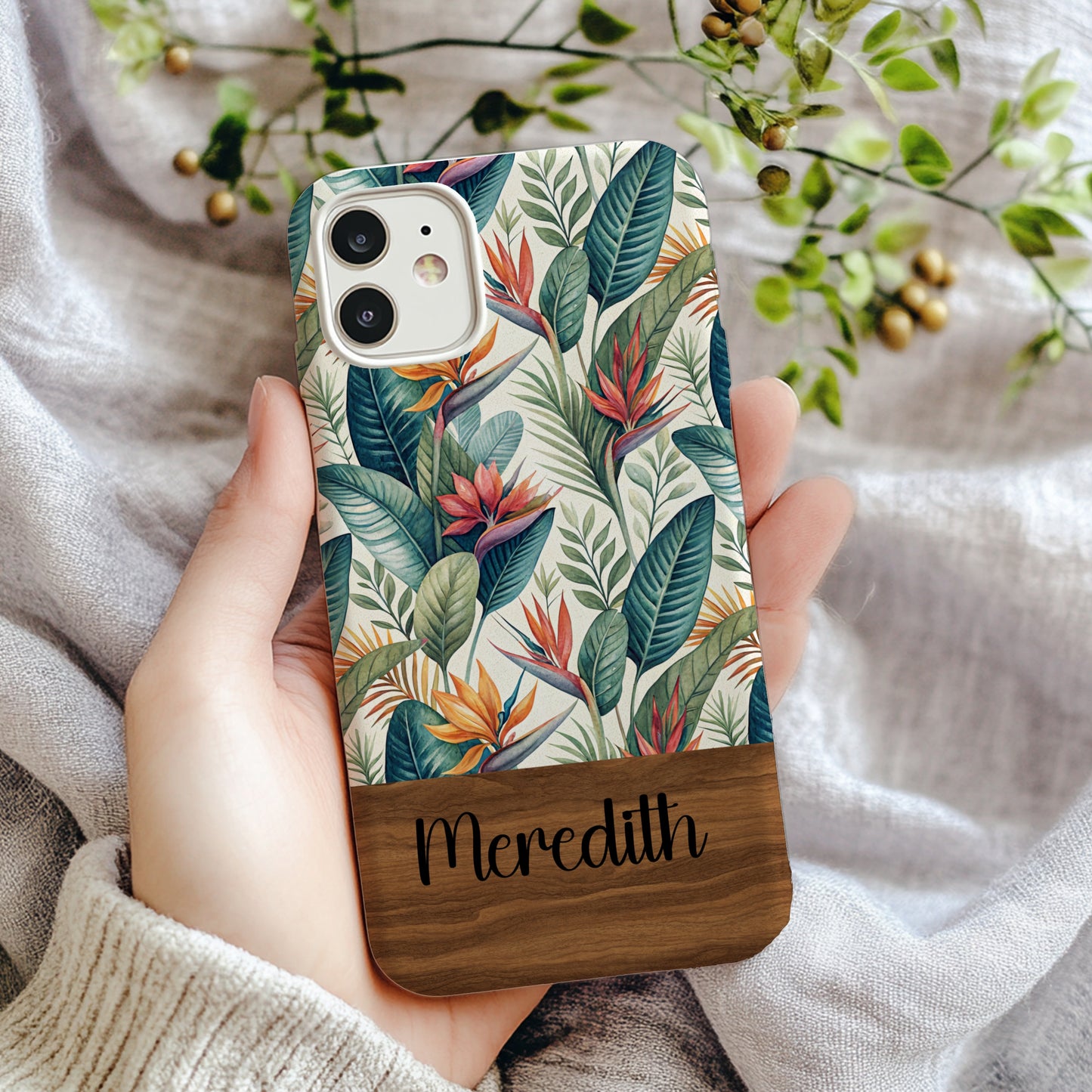 Personalized Floral Leaf Design Phone Case Custom Name