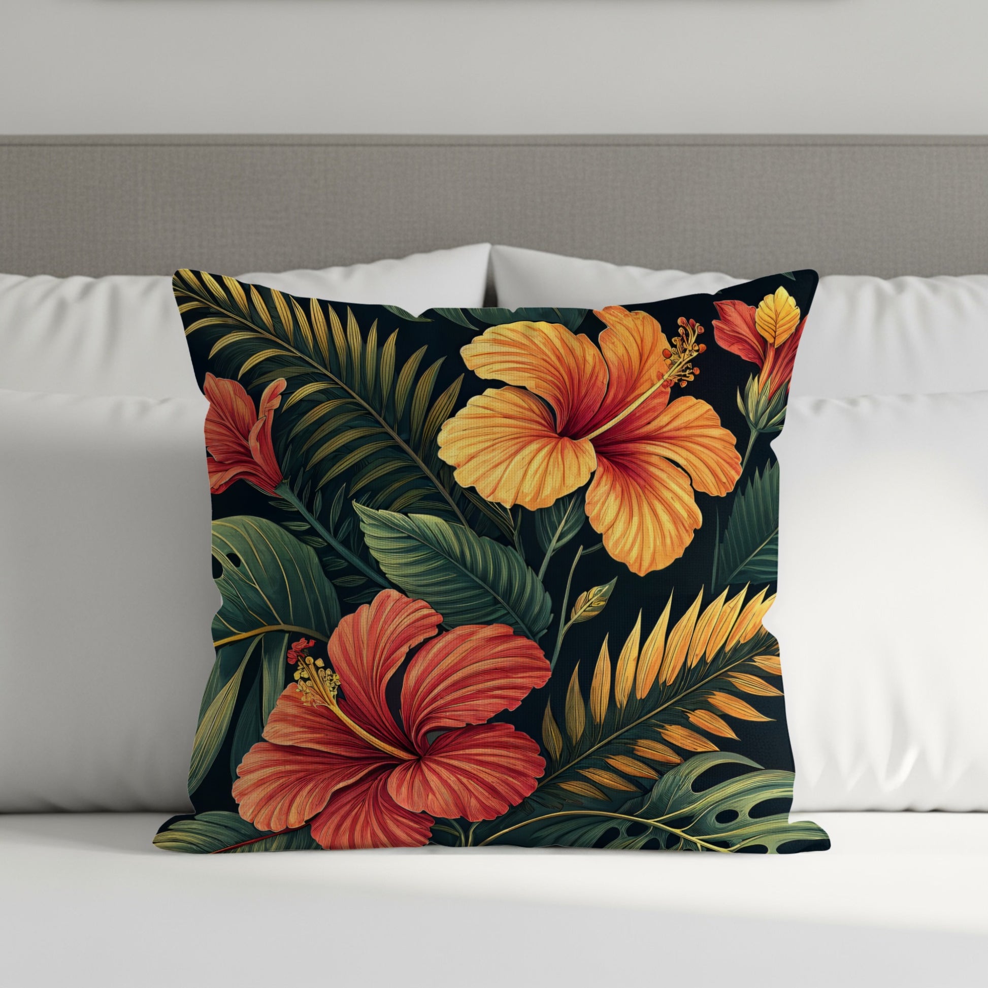 Tropical Hibiscus Floral Leaves Print Decorative Floral Throw Pillows - Walk Greener