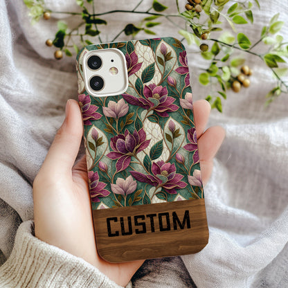 Custom Floral Pattern Phone Case with Wooden Accent
