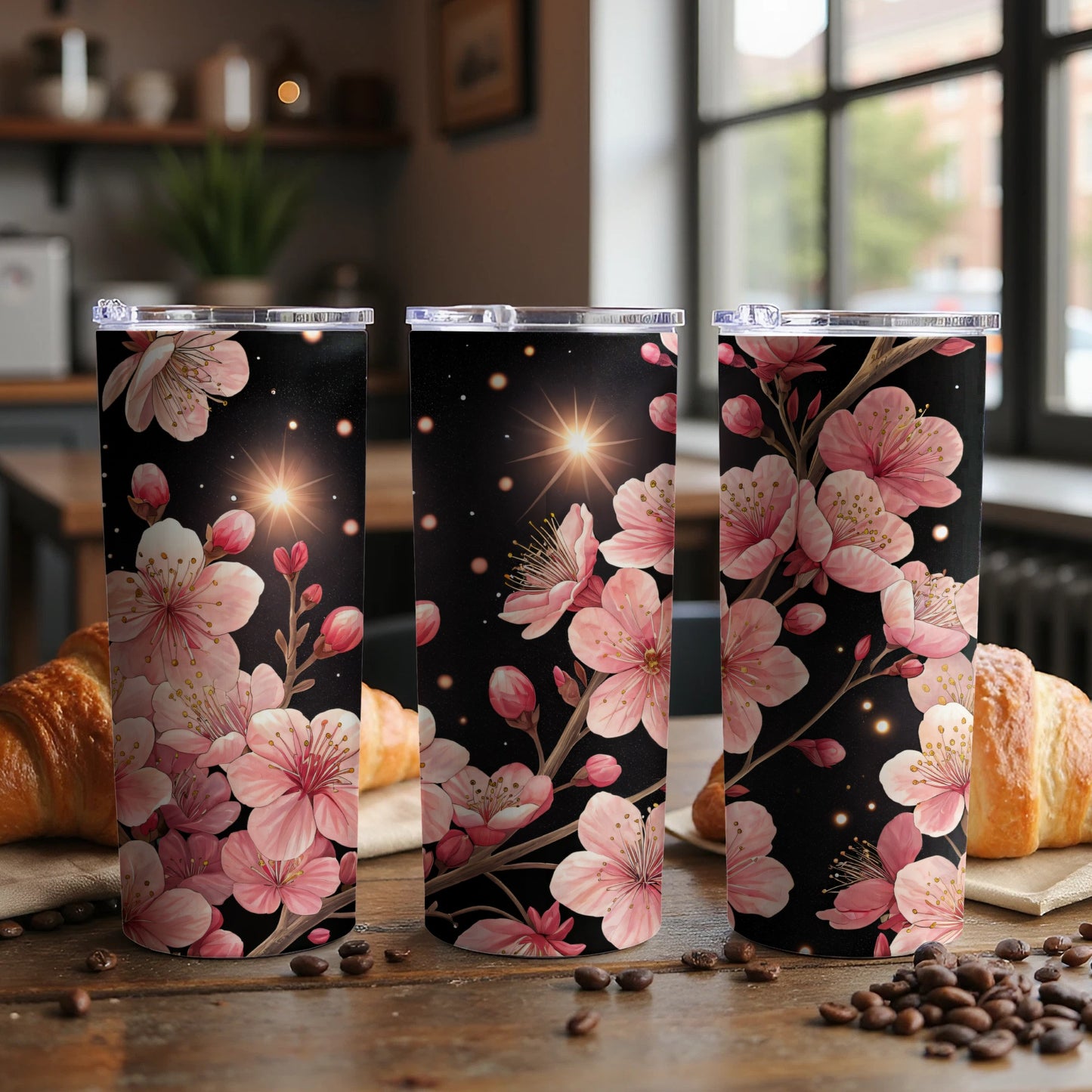 Pink Blossoms Against a Night Sky Floral Design Tumblers - Walk Greener