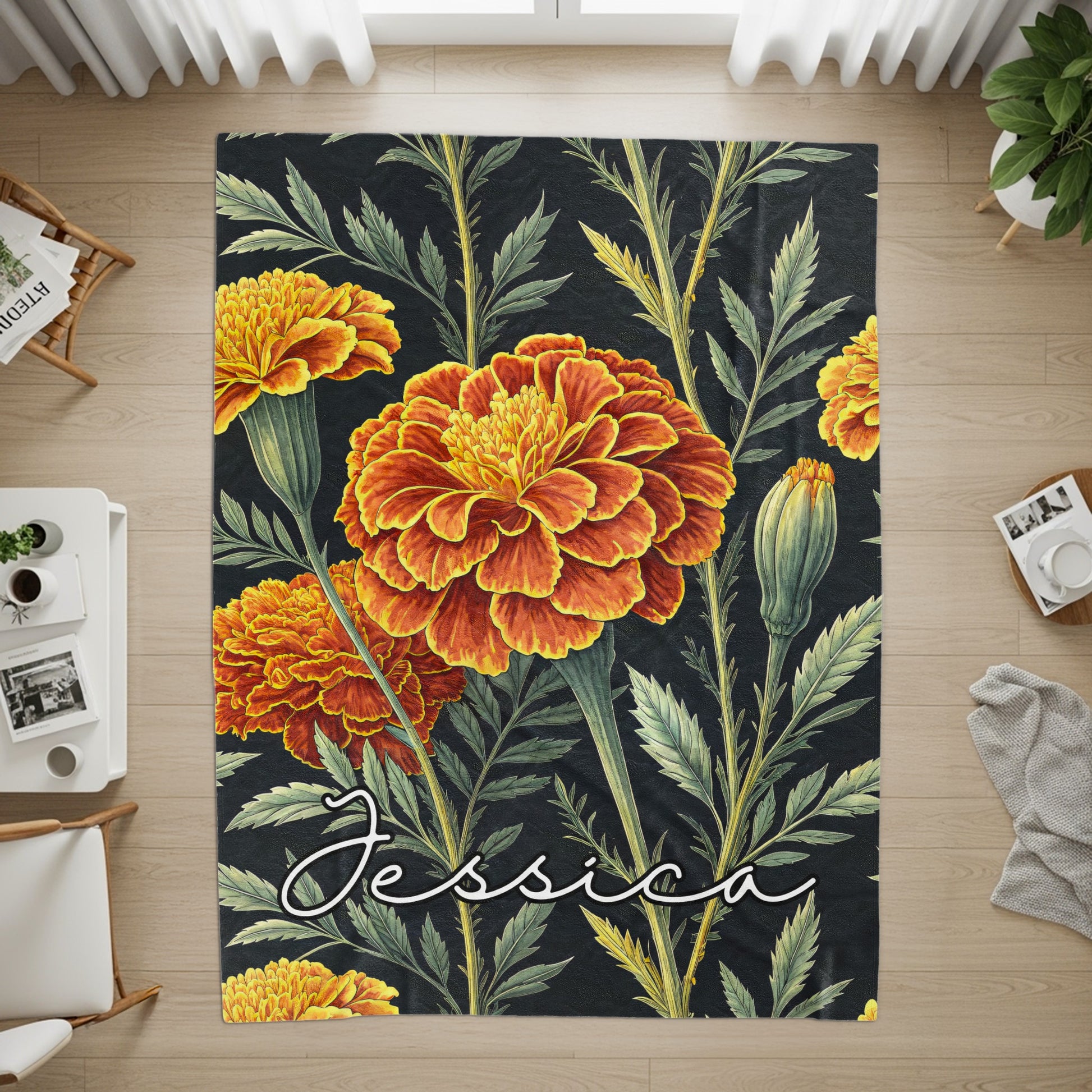 Marigold Flowers Custom Personalized Name Blanket Decor - Walk Greener