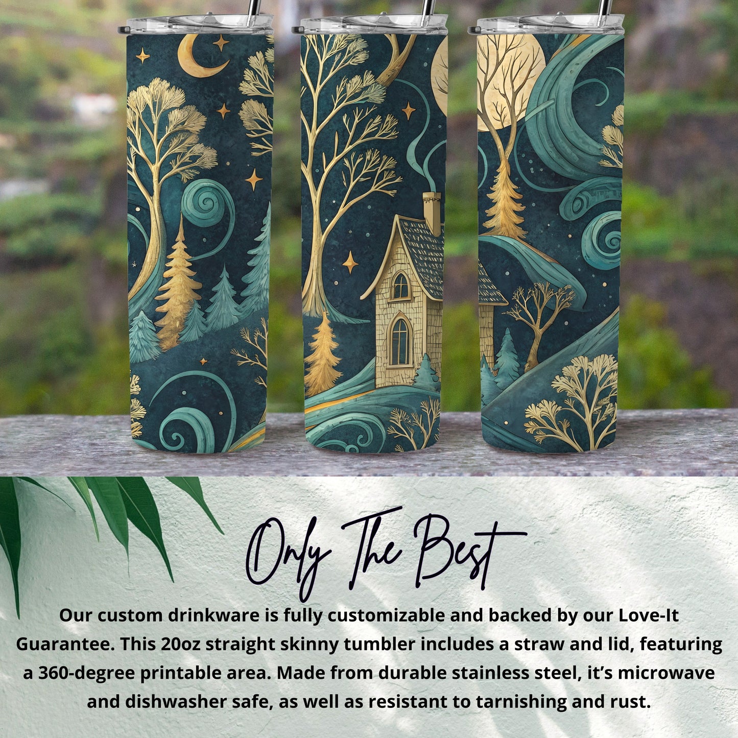 Moon Stars Over Cottage Dreamy Landscape Scene Tumbler - Walk Greener