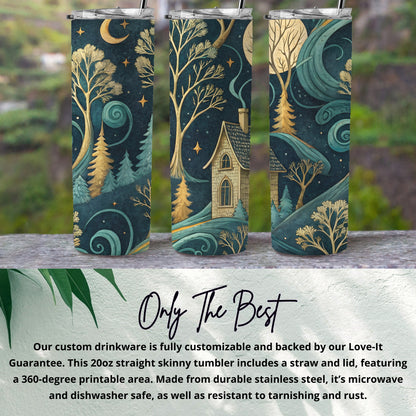 Moon Stars Over Cottage Dreamy Landscape Scene Tumbler - Walk Greener