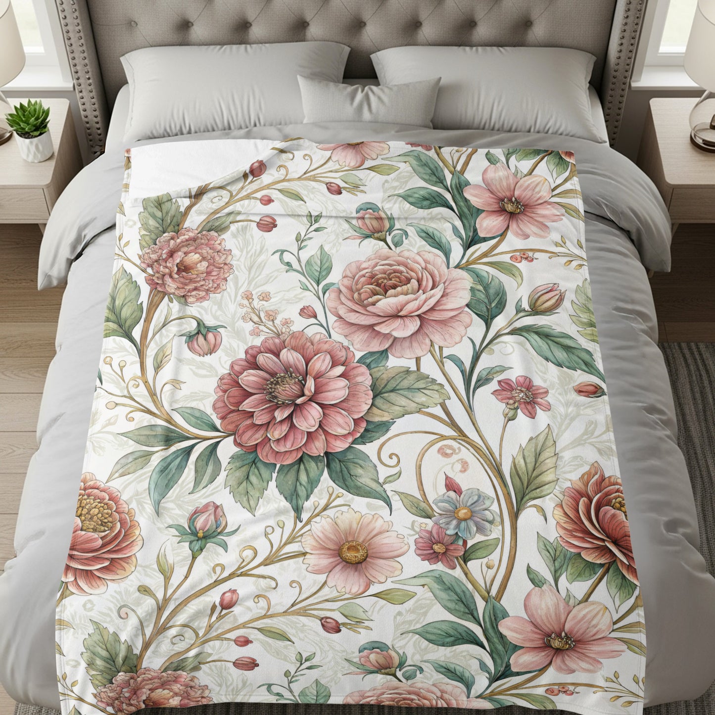 Elegant Botanical Garden Inspired Floral Art Design Velveteen Plush Blankets - Walk Greener