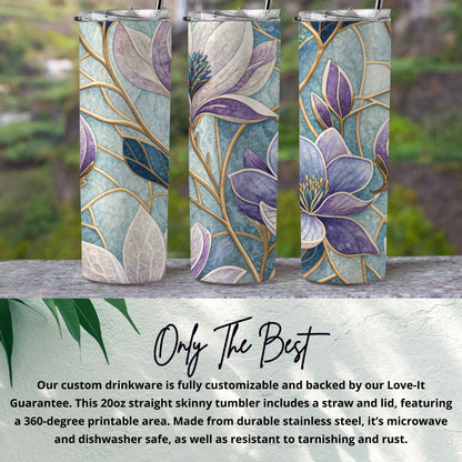 Floral Elegance Blue and Purple Magnolias 20 oz Skinny Tumbler - Walk Greener