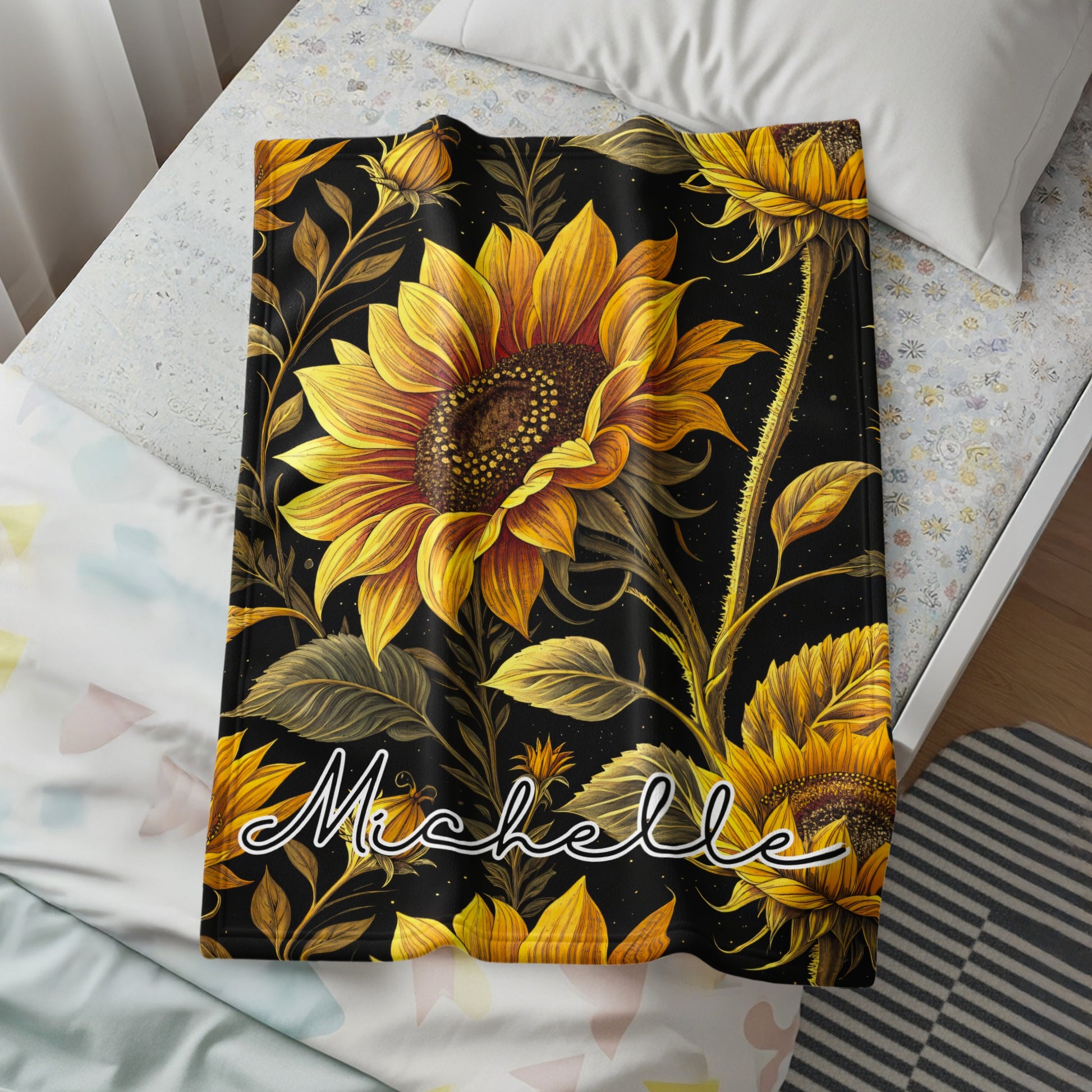 Sunflower Delight with Custom Name Unique Blankets - Walk Greener