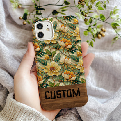Elegant Floral Custom Phone Case With Wooden Design