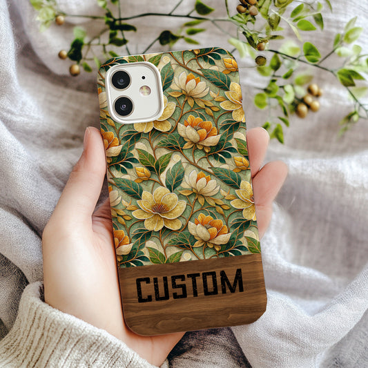 Elegant Floral Custom Phone Case With Wooden Design