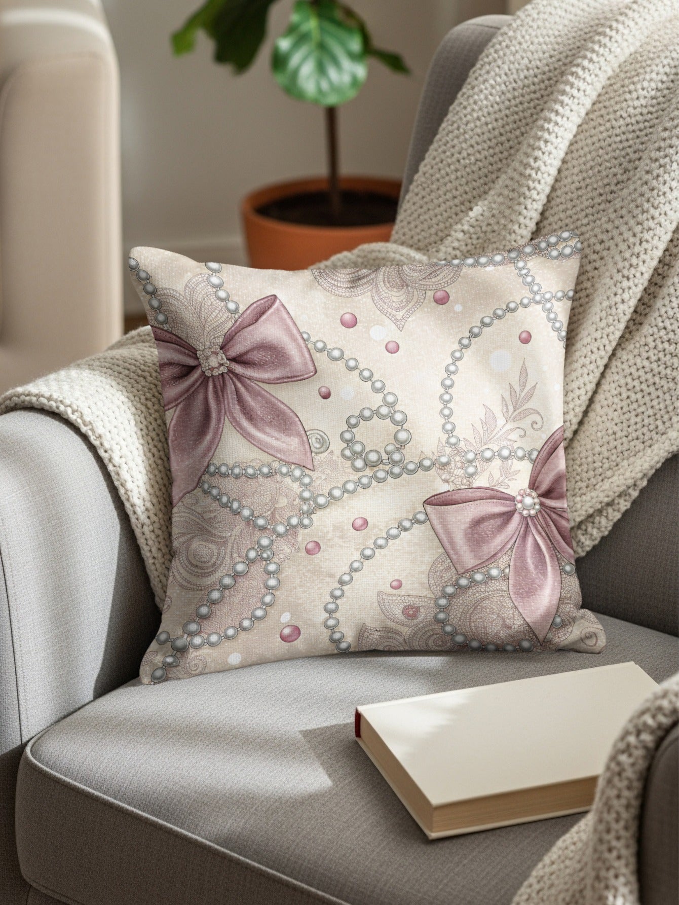 Elegant Throw Pillow with Pink Bows and Pearl Design