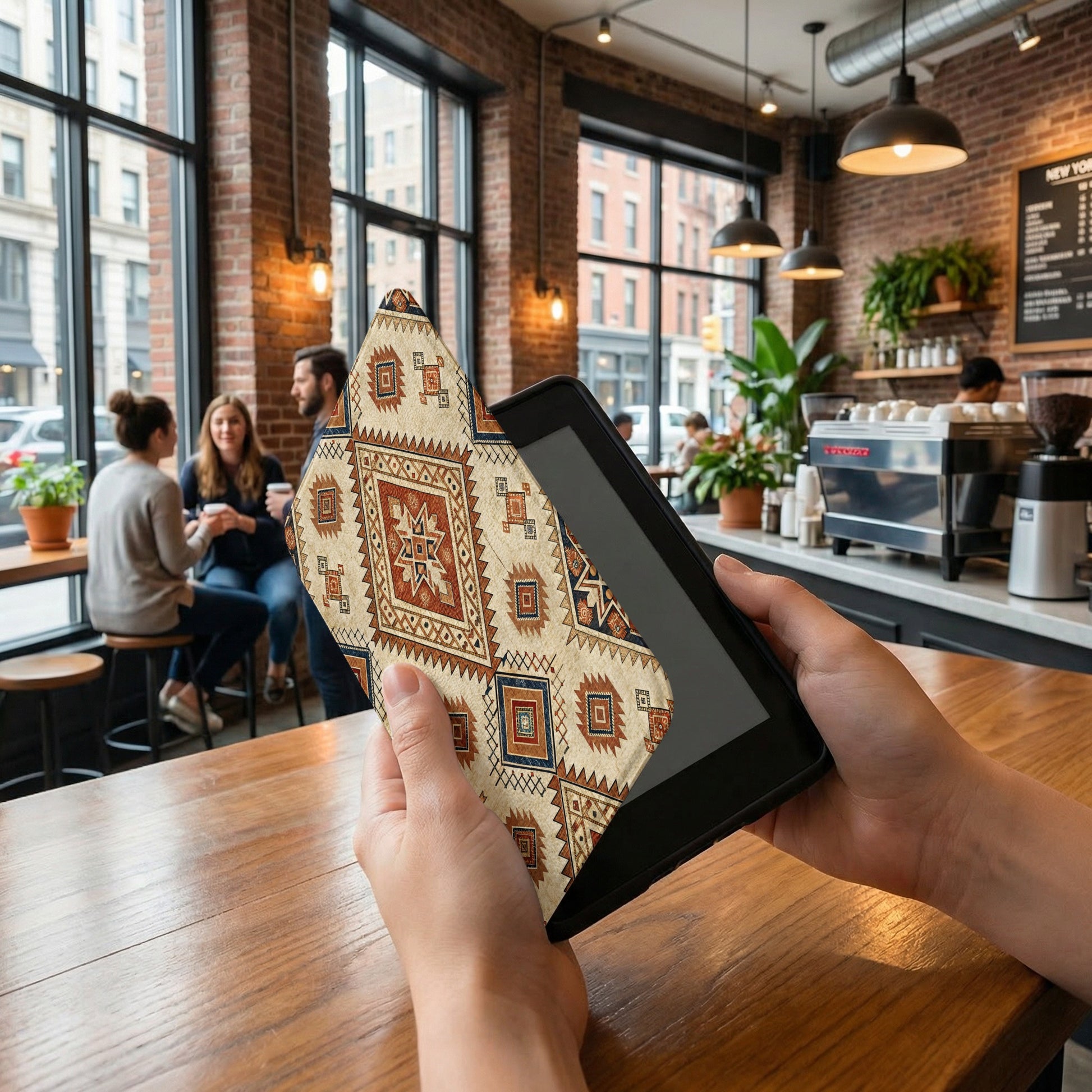 Geometric Design Tablet Sleeve in Cafe Setting