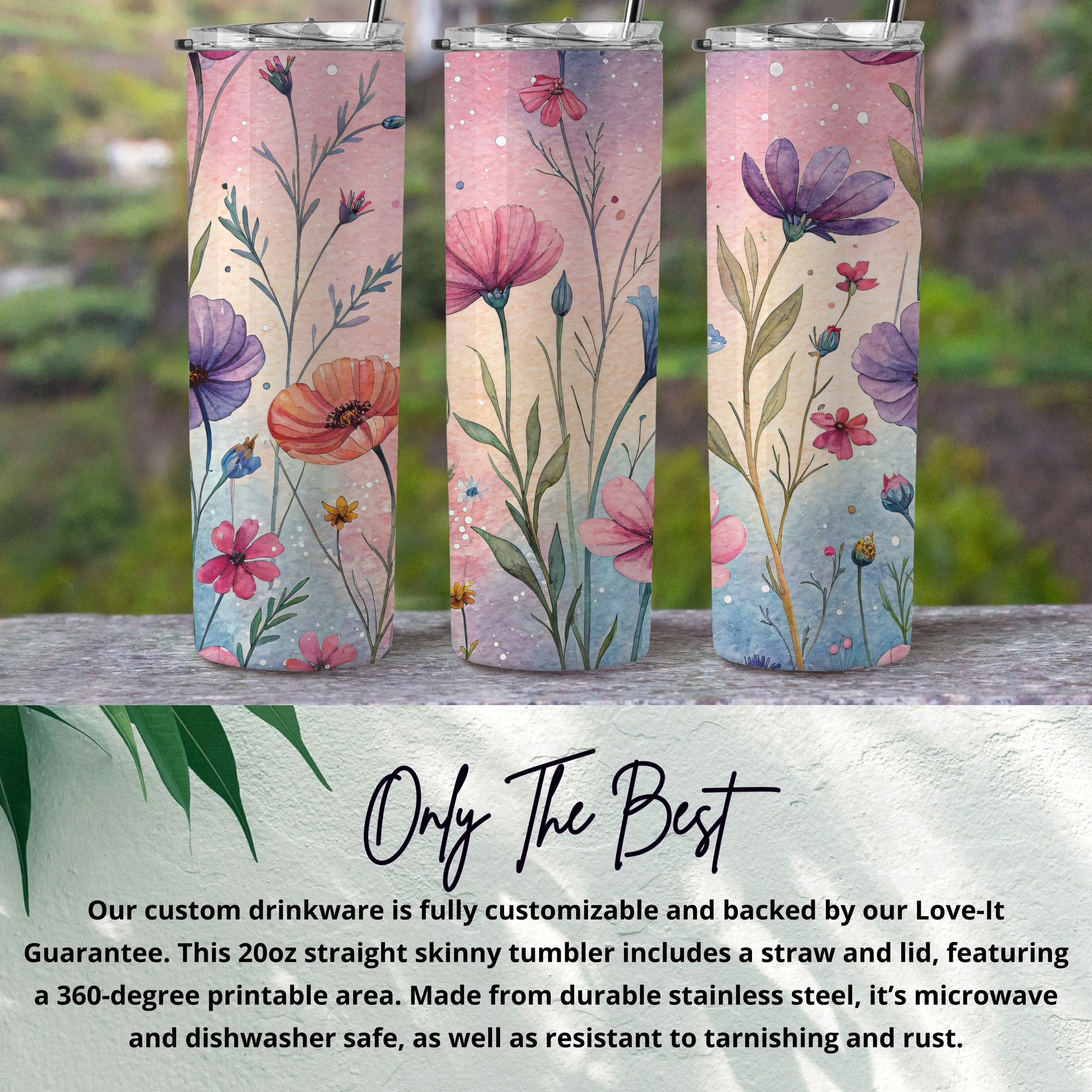 Watercolor Flowers Garden Aesthetic Art 20 oz Skinny Tumbler - Walk Greener