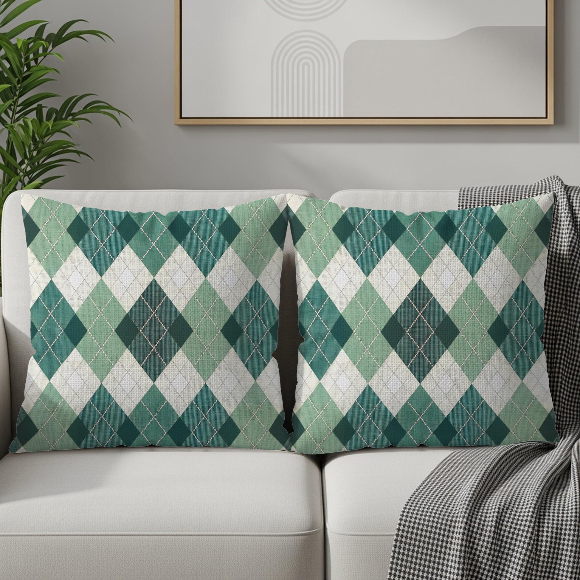 Stylish Green and White Argyle Pattern Throw Pillow Covers