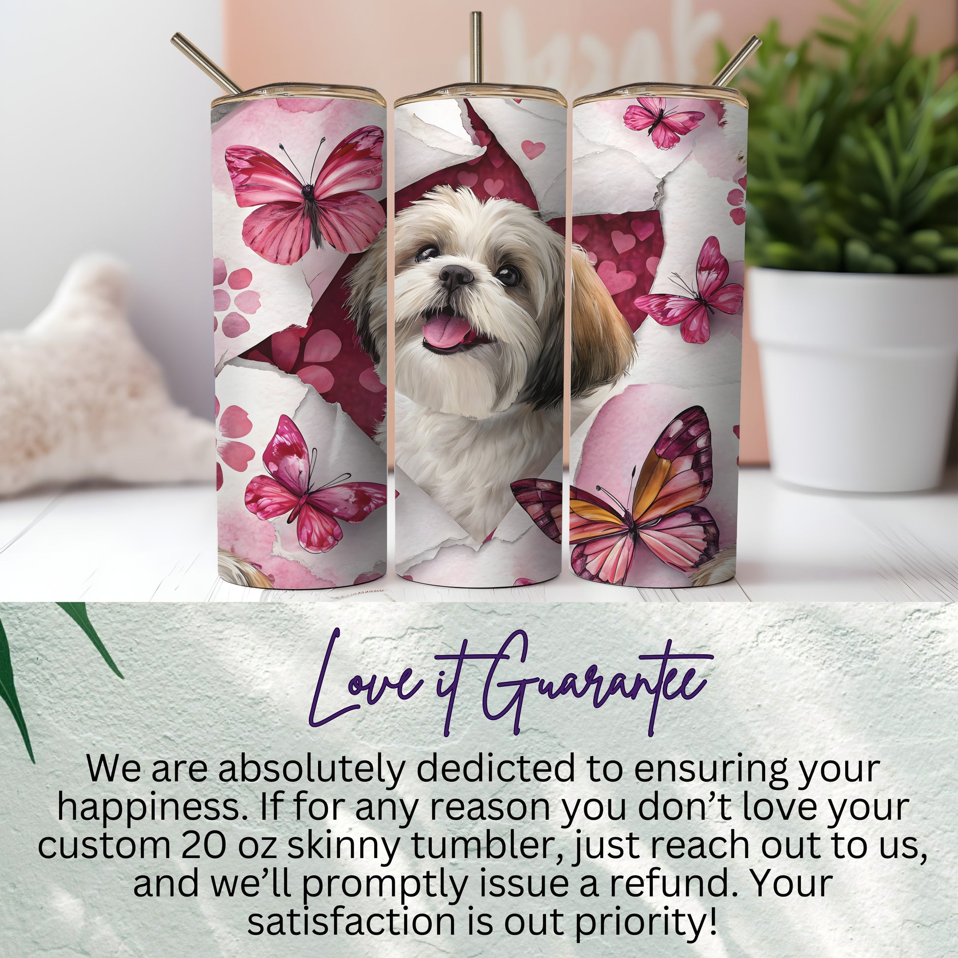 Cute Dog and Pink Butterflies Skinny Tumbler